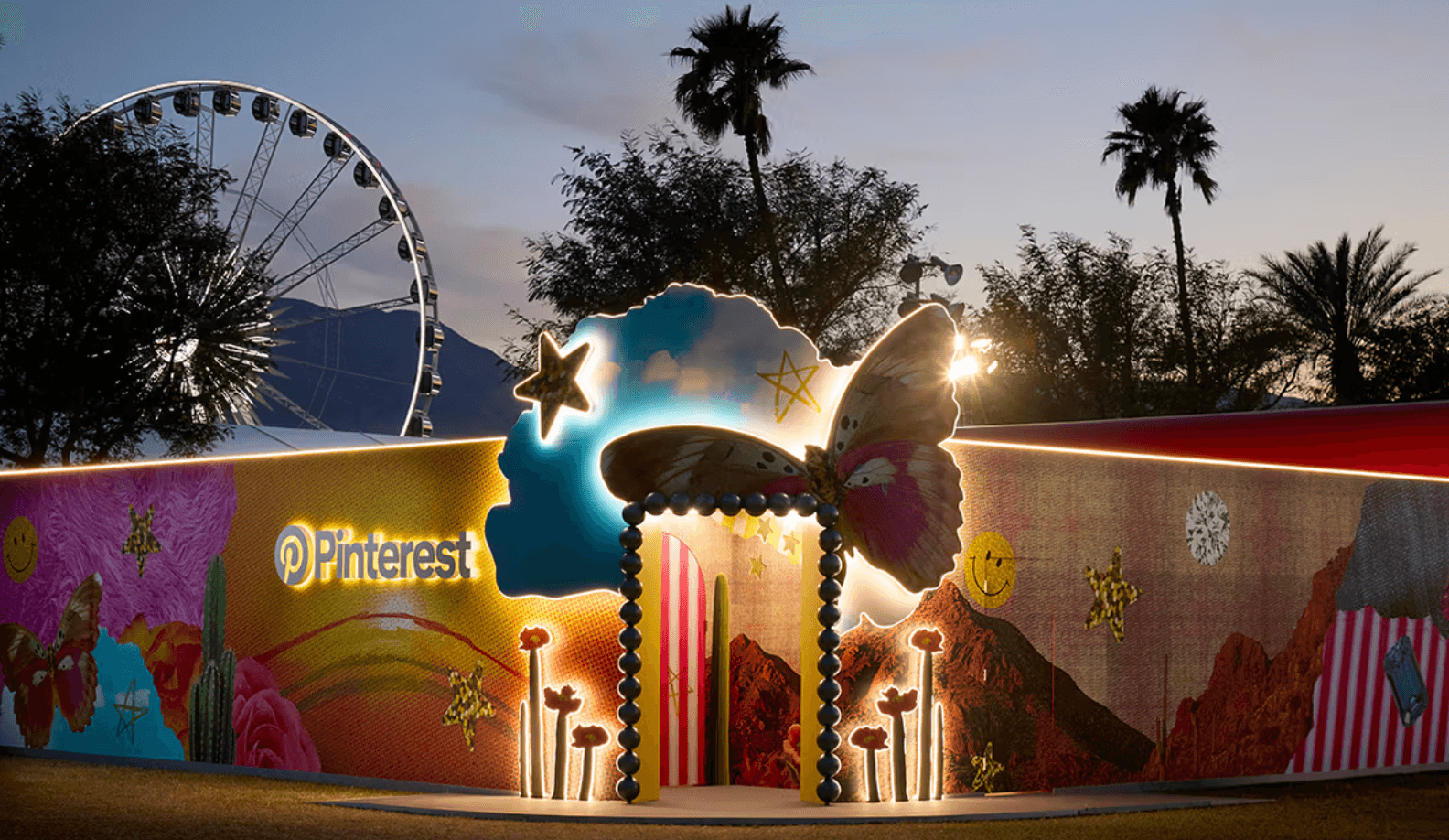Pinterest festival pop-up with butterfly entrance at dusk